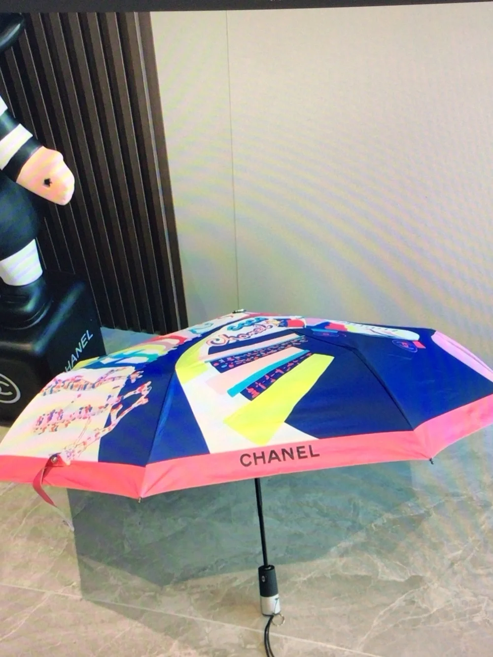 CHANEL Pink, Blue & Yellow Graphic Coco Heart Umbrella
